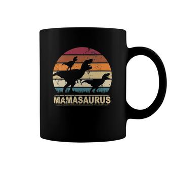Womens Mamasaurus Rex Dinosaur Pajama Dino Twin Mom With Two Kids V-Neck Coffee Mug | Mazezy