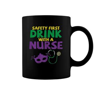 Womens Safety First Drink With A Nurse Medical Mardi Gras Carnival Coffee Mug | Mazezy