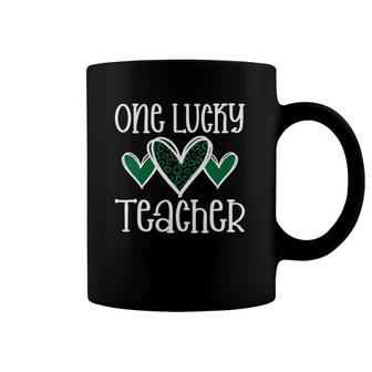 Womens St Patricks One Lucky Teacher Leopard Print Heart V-Neck Coffee Mug | Mazezy