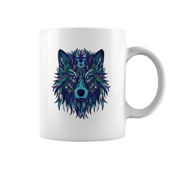 Blue Wolf Head Tribal Mandala Tattoo Art Coffee Mug | Mazezy