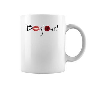 Bonjour Graphic With Lips And Rose Images Coffee Mug | Mazezy DE