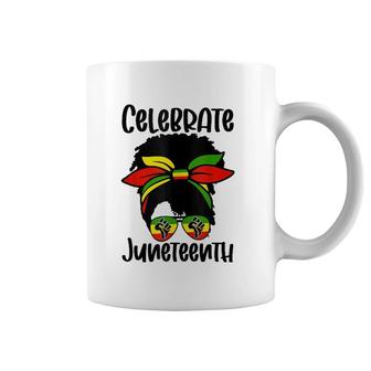 Celebrate Juneteenth Independence Day Black Women Messy Bun Coffee Mug | Mazezy