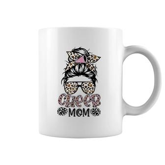 Cheer Mom Leopard Messy Bun Hair Cheerleader Funny Mother's Day Coffee Mug | Mazezy