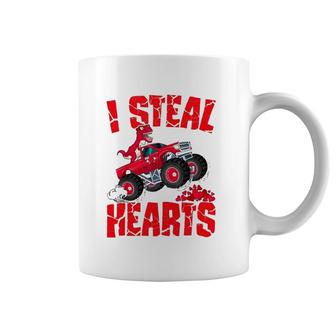 Dinosaur Ridding Truck I Steal Hearts Valentine's Day Boys Coffee Mug | Mazezy
