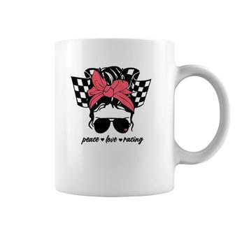 Dirt Track Racing Race Car Checkered Flag Peace Love Racing Coffee Mug | Mazezy
