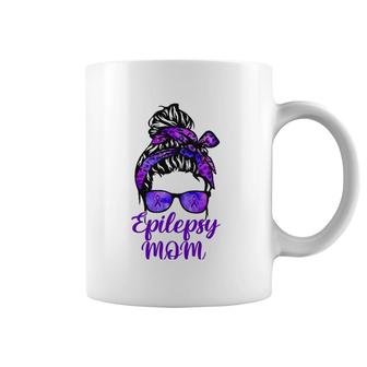 Epilepsy Mom Messy Bun Hair Glasses Bandana Purple Ribbon Coffee Mug | Mazezy