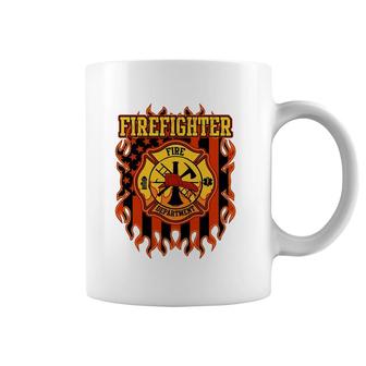 Firefighter Fire Department Fire Badge And Flag Coffee Mug | Mazezy