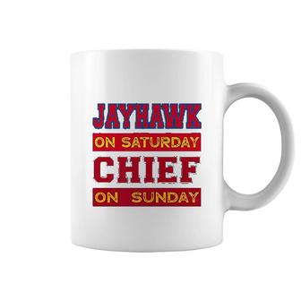 Jayhawk On Saturday Chief On Sunday Souvenir Coffee Mug | Mazezy