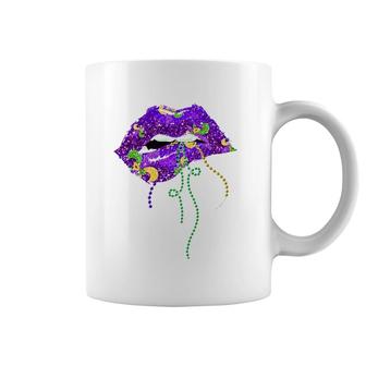 Mardi Gras Lips Queen Carnival Costume Purple & Gold Funny Coffee Mug | Mazezy