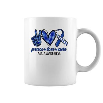 Peace Love Cure Blue & White Ribbon Als Awareness Month Coffee Mug | Mazezy