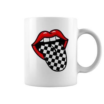 Red Lips Black White Checkered Tongue Coffee Mug | Mazezy