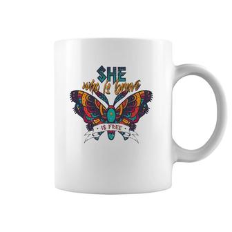 She Who Is Brave Is Free Funny Vintage Butterfly Color Coffee Mug | Mazezy