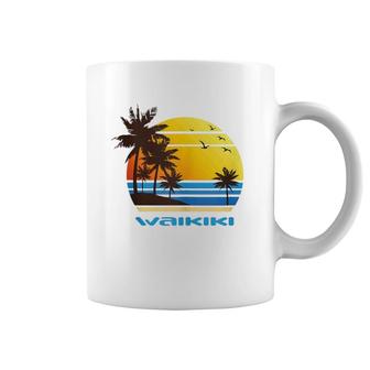 Waikiki Hawaii Island Beach Surf Sunset Palms Ocean Vacay Coffee Mug | Mazezy