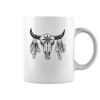 Western Rodeo Bull Skull With Feathers Coffee Mug | Mazezy