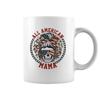 Womens All American Mama Leopard Messy Bun Mom 4Th Of July Coffee Mug | Mazezy