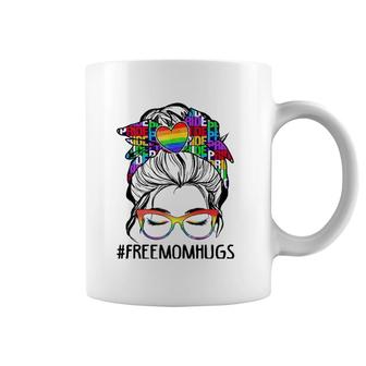 Womens Free Mom Hugs Messy Bun Lgbt Pride Rainbow Coffee Mug | Mazezy
