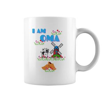 Womens I Am Oma Grandmother Cow Windmill Tulips Wooden Shoes V-Neck Coffee Mug | Mazezy