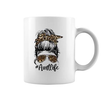 Womens Leopard Auties Aunt Life Cute Messy Bun Girl Mother's Day V-Neck Coffee Mug | Mazezy