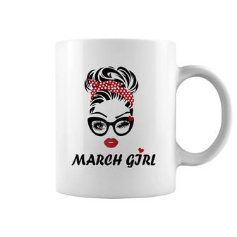 Womens March Girl Wink Eye Woman Face Was Born In March Raglan Baseball Tee Coffee Mug | Mazezy