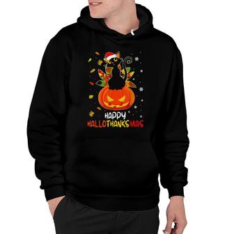 Black Cat Halloween & Merry Christmas Happy Hallothanksmas Hoodie | Mazezy