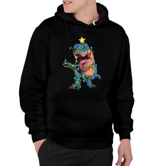 Funny Dinosaur Lighting Xmas Tree Santa Dinosaur Christmas Hoodie | Mazezy
