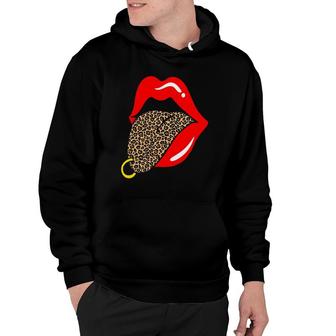 Hot Red Lips Leopard Tongue Golden Piercing Trendy Animal Hoodie | Mazezy