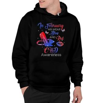 In February We Wear Blue Red High Heels Shoes Chd Awareness Hoodie | Mazezy