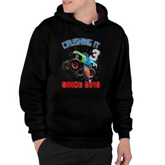 Kids 3 Crushing It Since 2019 Monster Truck 3Rd Birthday Gift Boy Hoodie | Mazezy