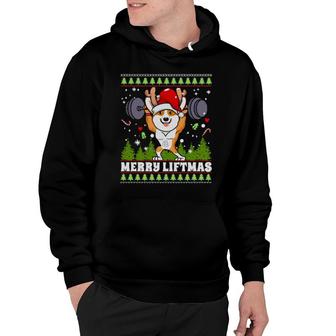 Merry Liftmas Corgi Dog Weightlifting Ugly Christmas Hoodie | Mazezy