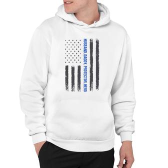 Mens Husband Daddy Protector Hero Fathers Day Thin Blue Line Flag Hoodie | Mazezy