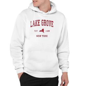 Womens Lake Grove New York Ny Vintage Sports Design Red Print Hoodie | Mazezy