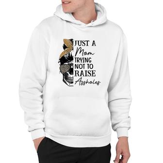 Womens Mom Leopard Just A Mom Trying Not To Raise Assholes Hoodie | Mazezy