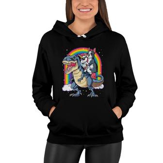 Boston Terrier Unicorn Riding Dinosaur T Rex Girls Rainbow Women Hoodie | Mazezy