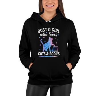 Just A Girl Who Loves Cats & Books Watercolor Cat Book Lover Women Hoodie | Mazezy