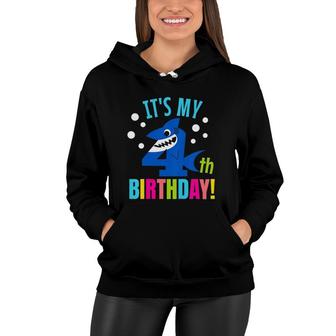 Kids 4 Years Old 4Th Shark Party Birthday Baby Gift Girls And Boys Women Hoodie | Mazezy