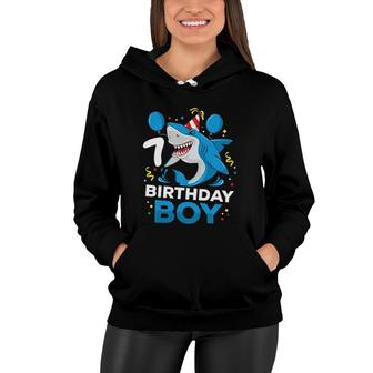 Kids 7Th Birthday Boy Shark Ocean Theme Party 7 Years Old For Boy Women Hoodie | Mazezy
