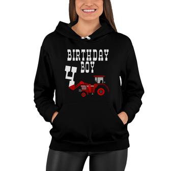 Kids Red Farm Tractor Birthday Boy 4 Years Old Party Four Women Hoodie | Mazezy DE