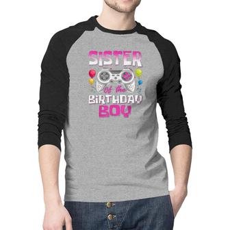 Sister Of The Birthday Boy Matching Video Gamer Birthday Pink Raglan Baseball Shirt - Seseable