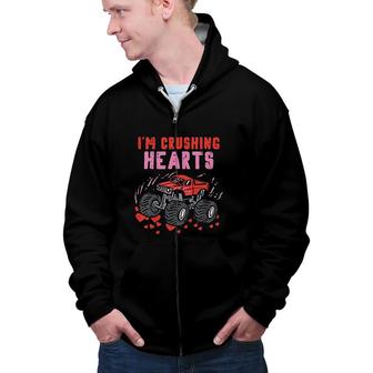 Kids I Crush Hearts Monster Truck Toddler Boys Valentines Day Zip Up Hoodie - Seseable