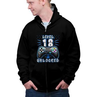 Level 18 Unlocked Video Game 18th Birthday Gamer Boys Blue Art Zip Up Hoodie - Seseable
