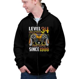 Level 34 Unlocked Awesome Since 1988 34Th Birthday Gaming Zip Up Hoodie - Seseable