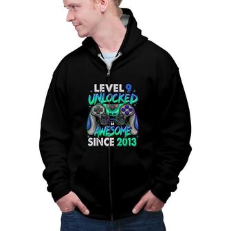 Level 9 Unlocked Awesome Since 2013 9th Birthday Gaming Zip Up Hoodie - Seseable