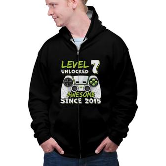 Seven 7yr BDay Son Boy Funny Gamer 7th 7 Years Old Birthday Zip Up Hoodie - Seseable