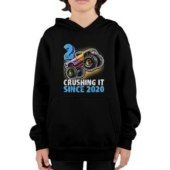 2 Crushing It Since 2020 Monster Truck 2nd Birthday Boys Youth Hoodie - Seseable