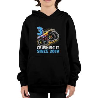 3 Crushing It Since 2019 Monster Truck 3rd Birthday Boys Youth Hoodie - Seseable