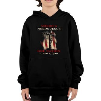 America Needs Jesus One Nation Under God Cross American Flag Vintage Youth Hoodie | Mazezy