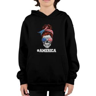 American Women Usa Flag Messy Bun Skull Mom 4Th Of July Youth Hoodie | Mazezy