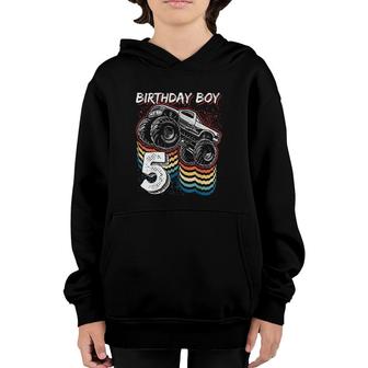 Birthday Boy 5 Monster Truck 5th Birthday Retro Vintage Gift Youth Hoodie - Seseable