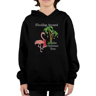 Flocking Around The Christmas Tree Flamingo With Palm Tree Youth Hoodie | Mazezy
