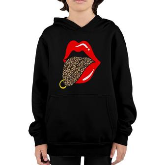 Hot Red Lips Leopard Tongue Golden Piercing Trendy Animal Youth Hoodie | Mazezy